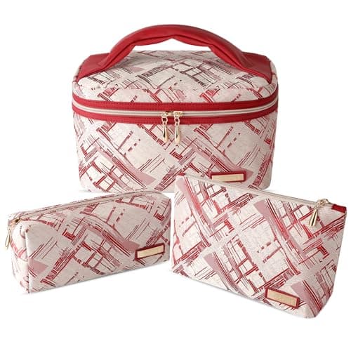 Richeart 3PC Makeup Bag Set, Cationic Jacquard Large Cosmetic Organizer, Back-Coated Solvent-Free Travel Toiletry Bag for Women - Red