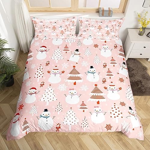 Christmas Kids Bedding Set Cartoon Snowman Bedding Duvet Cover Set for Boys Girls Christmas Tree Decor Comforter Cover Set Pink Dots Xmas Theme Bedspread Cover Bedroom Quilt Cover 3Pcs Full Size