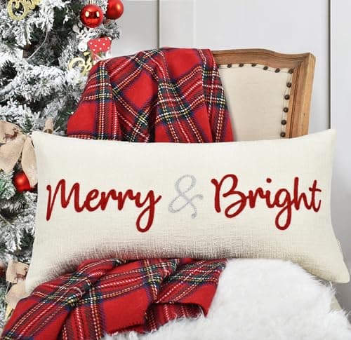 LOOPUINHOM Nice Merry and Bright Christmas Decor Cotton Burlap Decorative Rectangle Throw Lumbar Waist Pillow Case Cushion Cover for Couch Living Room 12X24 inches