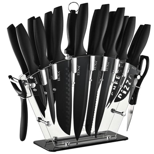 EUNA Kitchen Knife Set, 19 PCS Black Knife Set with Acrylic Block and Sharpener, German High-Carbon Stainless Steel Knife Sets with 6 Serrated Steak Knives, Bread Knife, Chef Knife, Dishwasher Safe