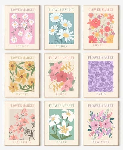 Flower Market Posters Set of 9, Minimalist Flower Market Wall Art Prints, Vintage Flower Pictures Wall Decor, Abstract Canvas Colorful Floral Painting for Living Room,Bedroom,Dorm,