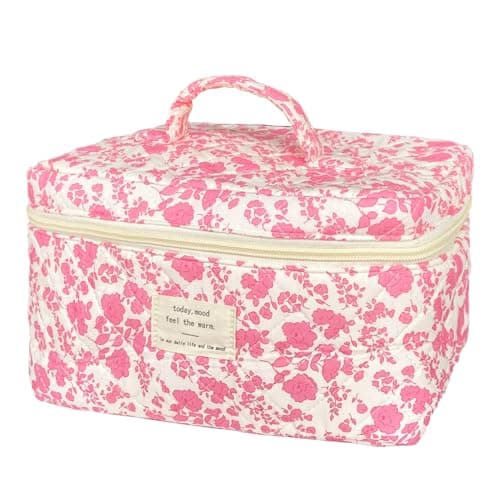 WYJ Pink Large Quilted Floral Makeup Bag Cute Soft Coquette Aesthetic Cosmetic Bag Cotton Travel Toiletry Bag for Women