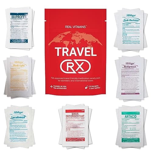 Travel RX Medicine Kit - Bulk Travel Medicine Kit with Individually Wrapped Medicine & Bag for Indigestion, Motion Sickness & More by Real Vitamins (1 Kit)