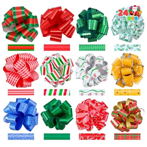 JOYIN 24 PCS Christmas Wrap Ribbon Pull Bows (5" Wide); Easy and Fast Gift Wrapping Accessory for Presents, Bows, Baskets, Wine Bottles Decoration, Xmas Gift Wrapping and Decoration Present