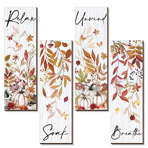 Kigley 4 Pieces Thanksgiving Bathroom Wall Decor Wood Relax Soak Unwind Breathe Fall Wall Art Orange Bathroom Decor Orange Pictures for Fall Maple Leaves Wooden Sign for Home Living Room Laundry Spa