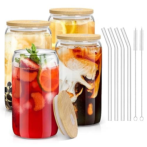 sungwoo 4PCS Glass Cups with Bamboo Lids and Straws, 16OZ Ice Coffee Cup, Drinking Cup set with Wooden Lids, Home Essential Glass Tumblers for Beer, Cocktail, Tea and Latte Clear