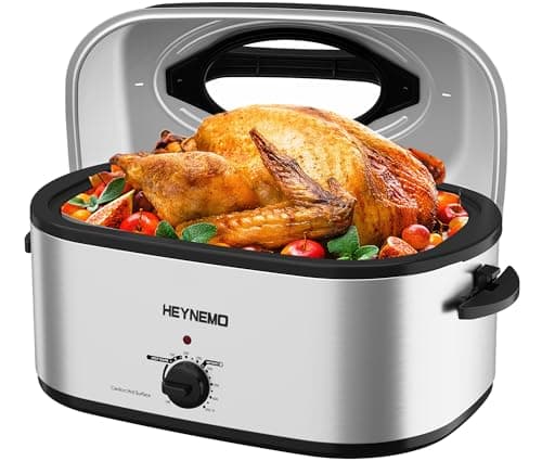 26 Quart Electric Roaster Oven with Visible & Self-Basting Lid, Large Turkey Roaster with Defrost Warm Function, Adjustable Temperature, Removable Pan Rack, Stainless Steel, Silver
