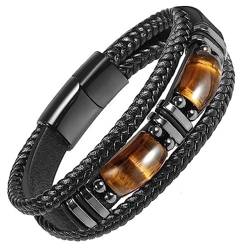 Enjoy Risingsun Tiger Eye Black Leather Bracelet Men Natural Tiger Eye Gemstone Crystal Stone Jewelry Handmade Courage And Stress Relief Protection Bracelet