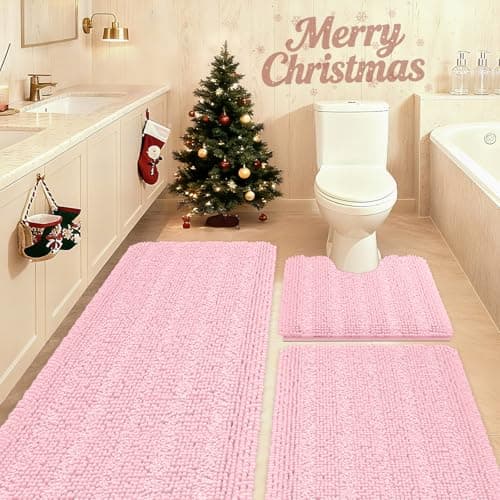 Best Pink Bathroom Rugs #1 from ACCUMTEK ACCUMTEK Christmas Striped Pink Bathroom Rug Set 3 Pieces Ultra Soft, Non Slip Chenille Toilet Mat, Absorbent Plush Shaggy Bath Mats for Bathroom, Bedroom, Kitchen