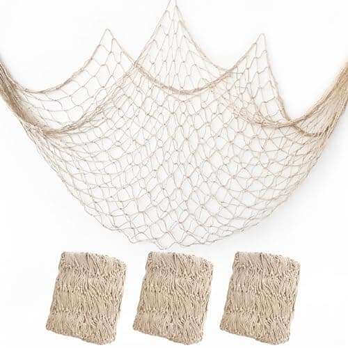 3 PCS Fishing Net Decor,Nature Fish Net Wall Decoration,Cotton Hawaiian Party Fish Net Decorative,Fish Net Party Accessory and Ocean Themed Wall Hangings(Creamy White)