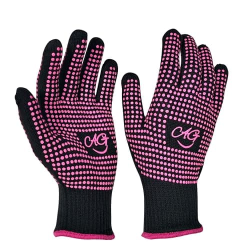 ANGENIL 2 Pcs Heat Resistant Gloves with Silicone Bumps, Heat Gloves for Hot Hair Styling, Professional Heat Proof Glove Suitable for Flat Iron Hair Straightener, Curling Wand and Thermal Brush, Pink