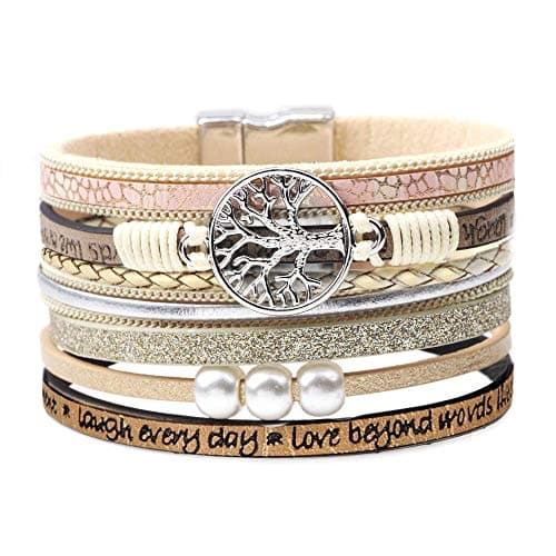 Inspirational Gifts, Tree of Life Leather Bracelets for Women, Trendy Stuff for Teen Girls, Christmas Birthday Gifts for Women Girls Mom - Bohemian Jewelry Beige