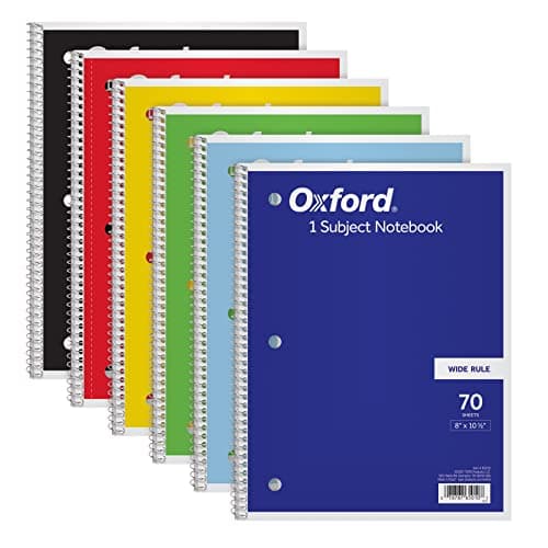 Oxford Spiral Notebook 6 Pack, Bulk Wide Ruled Spiral Notebooks for School, 1 Subject Journal, Wide Ruled Paper, 8 x 10-1/2 Inch, Blue, Yellow, Red, Light Blue, Green and Black, 70 Sheets (65010)