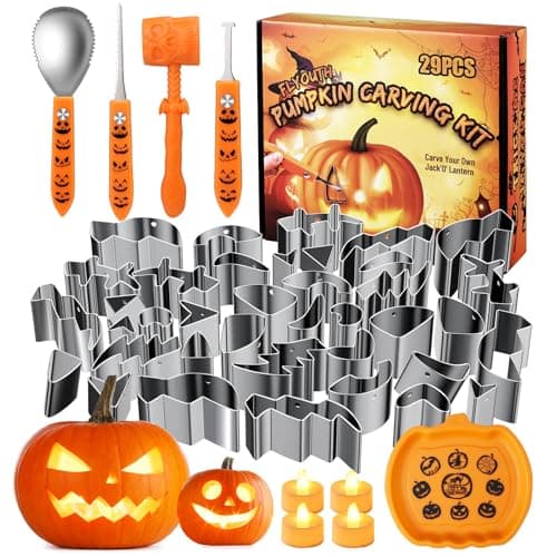 FLYOUTH Pumpkin Carving Kit Tools 29 PCS, Easy to Use and Safe for Kids Adults, Sturdy Stainless Steel Pumpkin Decorating Kit with Stencils, Hammer, Gift for Halloween Jack-O-Lanterns Decoration