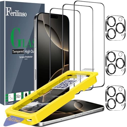 Ferilinso [Auto Dust Install] 3 Pack Screen Protector for iPhone 16 Pro [Phone Case fit], 3 Tempered Glass Camera Lens Protector Accessories for Apple