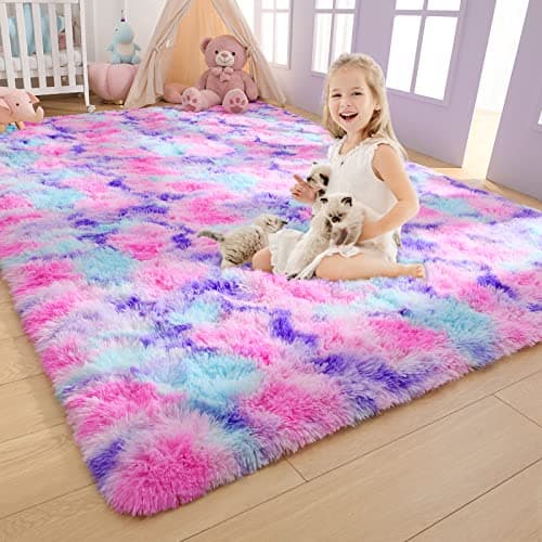 AROGAN Soft Rainbow Area Rugs for Girls Room 3x5 Feet, Fluffy Cute Colorful Princess Carpet for Kids Teens Nursery Toddler,Bedroom Hot Pink