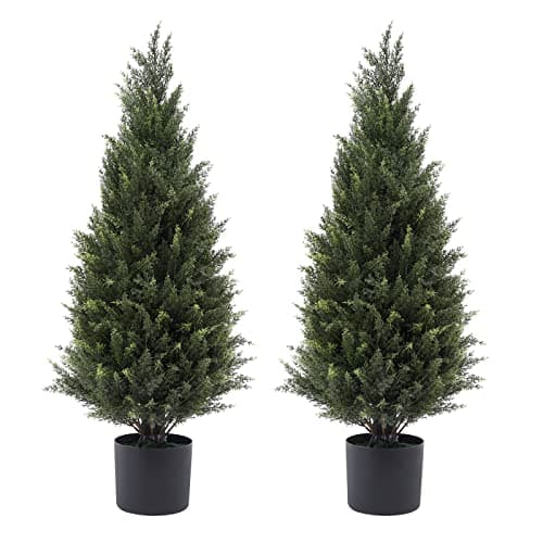 3ft(35”) Artificial Cedar Outdoor Artificial Shrub Sunlight Resistant Leafy Potted Plant for Indoor Porch of Home and Office Artificial Outdoor Tree 2 Pieces a Set Topiary Trees