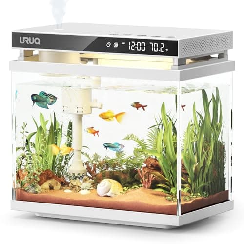 Fish Tank Smart Aquarium Kit: URUQ 2 Gallon Self Cleaning Multi-Layer Filtration System Silent Pump - UHD Glass 7-Color Lighting Temperature Monitoring - Fragrance Diffuser Humidifier White