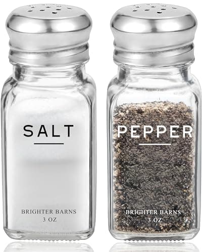 Glass Salt and Pepper Shakers Set by Brighter Barns - Modern Kitchen Decor, Dining Table Countertop Accessory - Rustic, Farmhouse, Vintage Glass Shakers with Stainless Steel Lids for Home, Restaurant