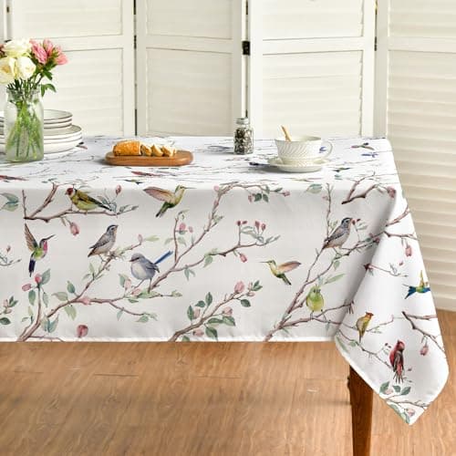 Horaldaily Spring Summer Tablecloth 60x84 Inch Rectangular, Birds Branch Floral Table Cover for Party Picnic Dinner Decor