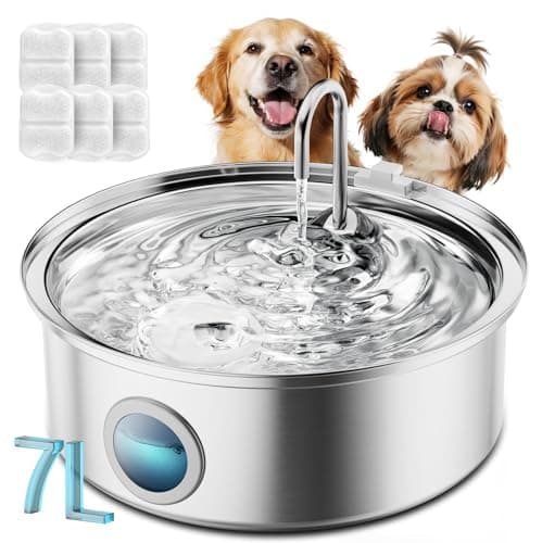 oneisall Dog Water Fountain for Large Dogs,7L/230oz/1.8G Stainless Steel Dog Fountain Super Quiet with Triple Filtration,Great for Large Dogs (PWF002 Dog Fountain +6Sets Filters)