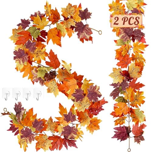 Helimoto Fall Garland, 2 Pcs 11.8 FT Thankgiving Decorations for Home, Hanging Maple Fall Leaves Garland, Artificial Autumn Thanksgiving Decor Outdoor Indoor for Wedding Party Fireplace Mantle Decor