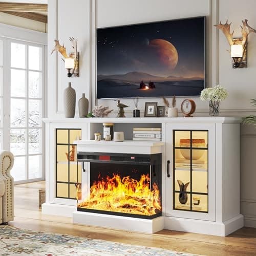 oneinmil 59'' Fireplace TV Stand, 3 Sided Glass Media Entertainment Center Console Table for TVs up to 65'' with Glass Door Adjustable Flame LED Color for Living Room, Set of TV Table, White