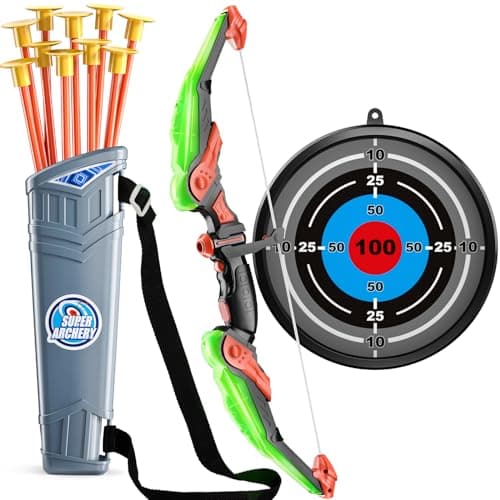 TEMI Kids Bow and Arrow Set - LED Light Up Archery Toy Set with 10 Suction Cup Arrows, Target & Quiver, Indoor and Outdoor Toys for Children Boys Girls