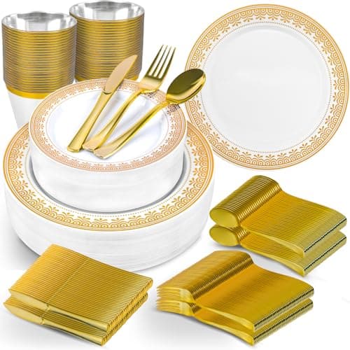 GINKGO 300 Pcs Gold Disposable Dinnerware Set for 50 Guests, High End Gold and White Plastic Plates for Party, Includes 100 Plates, 50 Cups Forks Knives Spoons for Wedding, Party Supplies