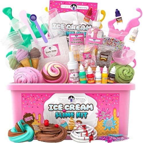 Original Stationery Ice Cream Slime Kit for Girls, DIY Cherry-Scented Slime Making Set with 31 Pieces, Fun Arts and Crafts for Kids Ages 8–12, Christmas and Holiday Gift