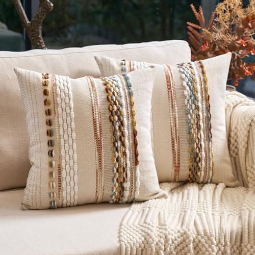 Aeckself Boho Throw Pillow Covers 18x18 Inch Set of 2, Farmhouse Decorative Striped Square Pillow Covers Chenille Tufted Pillow Cases Accent Neutral Pillowcase for Living Room Couch Bed, Orange White