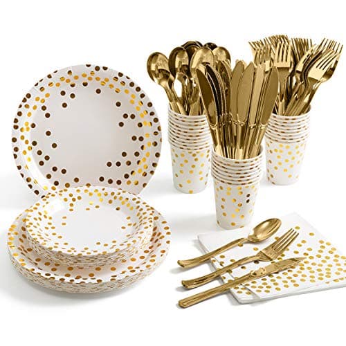 HOMIX 175 Piece Gold Party Supplies Set Serves 25 - Gold Paper Plates Napkins Cups with Gold Plastic Silverware Sets for Wedding Bridal Shower Baby Shower Holiday Parties