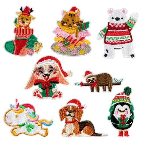 8 Pcs Christmas Animals Iron on Patches Cute Unicorn Penguin Reindeer Sew on Repair Embroidered Applique Xmas Winter Holiday DIY Craft Accessories Gifts for Costume Clothing Backpack Hat