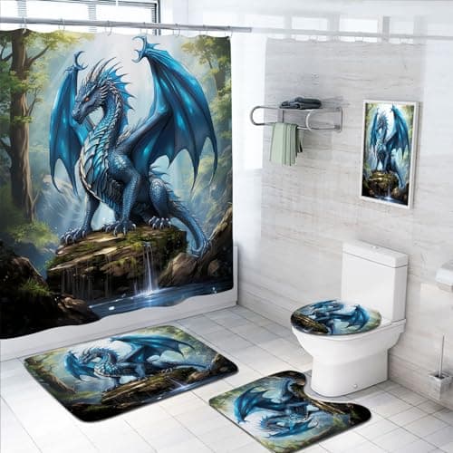 4 Pcs Dragon Forest Shower Curtain Set with Rugs,Toilet Lid Cover, Bath Mat, Fantasy Theme Magic Animal Bathroom Shower Curtain with 12 Hooks Accessories Decorative