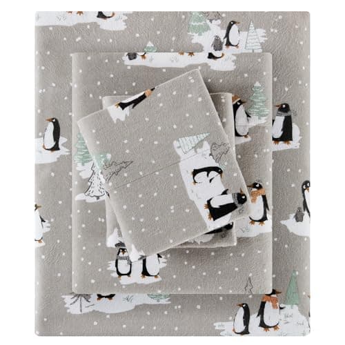 True North by Sleep Philosophy Cozy Flannel Warm 100% Cotton Sheet - Novelty Print Animals Stars Cute Ultra Soft Cold Weather Bedding Set, Twin, Grey Penguins 3 Piece