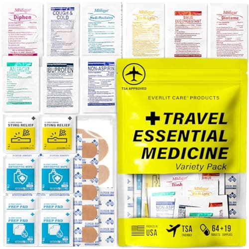 EVERLIT CARE Travel Essential Medicine First Aid Kit Refill Pack I Bonus Medical Supplies I TSA Compliant Mini Size Medkit for Traveling Camping Trips Individually Packed 64 Tablets