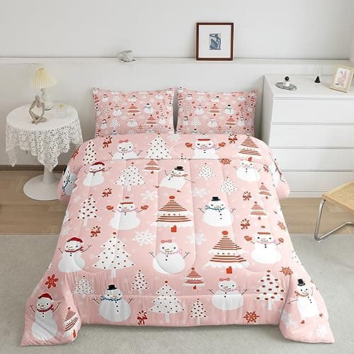 Christmas Kids Comforter Set Cartoon Snowman Bedding Set for Boys Girls Christmas Tree Decor Comforter Pink Dots Xmas Theme Duvet Set Bedroom Comforter Inner Fill 2Pcs Twin Size