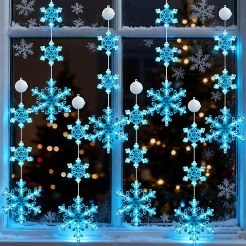 Tujoe 8 Pack Timer Christmas Window Lights Decorations Snowflake Christmas Hanging Lights with Suction Cup, 2 Modes Battery Operated for Xmas Holiday New Year Outdoor Indoor Decor(Blue)