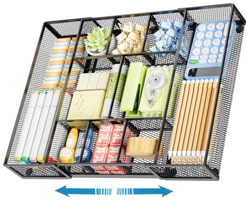 Marbrasse Expandable Desk Drawer Organizer, Mesh Drawer Organizer Tray with 10 Adjustable Compartments, Desk Organizers and Accessories, 5 Dividers Drawer for Office Supplies, Makeup & Vanity (Black)