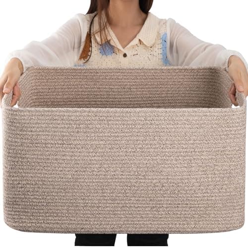 OIAHOMY 75L Large Woven Cotton Rope Storage Basket with Handle for Organizing Blanket and Toys for Living Room, Nursery, Brown Variegated 22”x17”x12”
