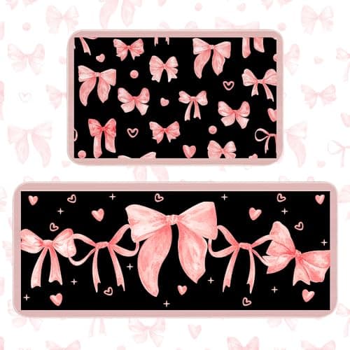 Vetoxka Pink Bow Kitchen Rugs Mat Set of 2, Rubber Backing Washable Cute Floor Mats, Waterproof Standing Desk Runner Rug Sets Home Decor,Office, Sink, Laundry, Door, Gifts - 19.69"x31.5"+19.69"x47.24"