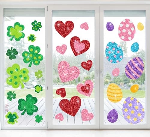 Whaline 9 Sheets Glitter Valentine' s Day St. Patrick' s Day Easter Window Clings Window Decal Heart Shamrock Egg Reusable Anti-Collision Windows Decor for Holiday Party Supplies
