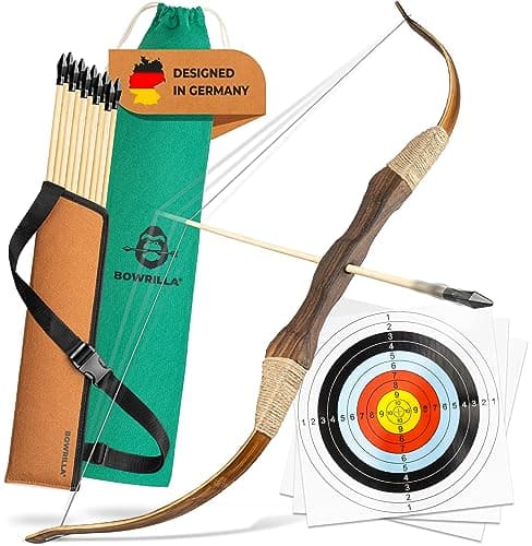 BOWRILLA® Wooden Bow and Arrow for Kids with 10 Arrows, Quiver, 3 Targets & Storage Bag | Kids Bow and Arrow Set for Right- and Left-Handers | Indoor and Outdoor Toys for Children Boys & Girls