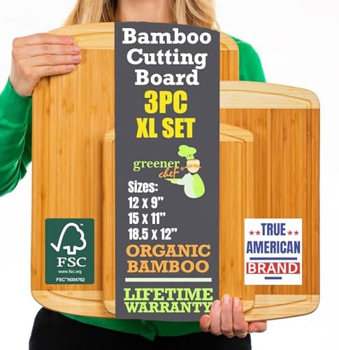Organic Bamboo Cutting Boards for Kitchen Set of 3 with Lifetime Replacements – Premium Extra Large Wood Chopping Boards with Juice Grooves for Carving & Serving, Non-Toxic & Durable by Greener Chef