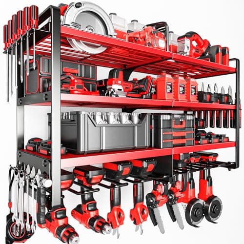 POKIPO Upgrade Large power tool organizer Wall Mount,4 Layers Heavy Duty Metal Loads 400lbs Power Tool Hanger Shelf Battery Storage with 8 Cordless Drill Bit Holder,Utility Racks for Garage Tool Room