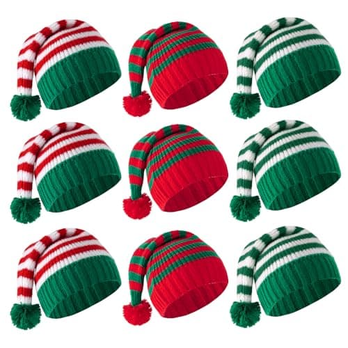 Pistha 9 Pcs Christmas Knitted Elf Hats Santa Hat Christmas Beanie with Pompom Bulk Xmas Crochet Caps for Adults Women Men