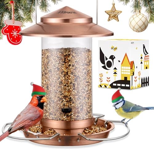 iBorn Bird Feeder Metal Squirrel Chew-Proof Bird Feeders for Outdoors Hanging Outside for Cardinal, Holds 1.5LB Seed with 3 Perchs, Brushed Copper (Seed is not Included)