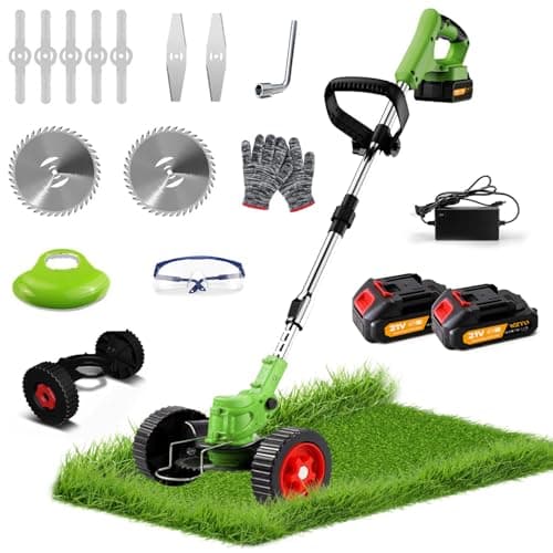 Cordless Lawn Trimmer Weed Wacker, Cordless Garden Strimmer, Electric 21V Lawn Mower Grass Cordless Strimmer with 2x 2.0Ah Batteries, Charger, Wheels, 3 Types Blades Telescopic Grass Cutter for Garden