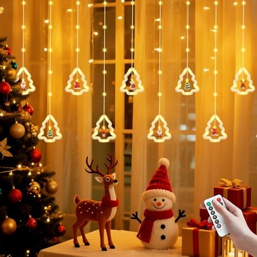 BomKra Christmas Tree Curtain Lights, Christmas Window Lights Decor with Remote,8 Lighting Modes, IP65 Waterproof, 10 Hooks Christmas Decorations Indoor Outdoor for Bedroom Party Wall Door Window