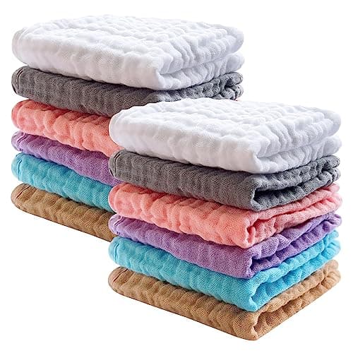 SWEET DOLPHIN 12 Pack Baby Muslin Washcloths - Soft Face Cloths for Newborn, Absorbent Bath Wash Cloths, Wipes, Burp Rag - Toddlers Essentials Stuff, Baby Registry as Shower -10"x10", Multicolor